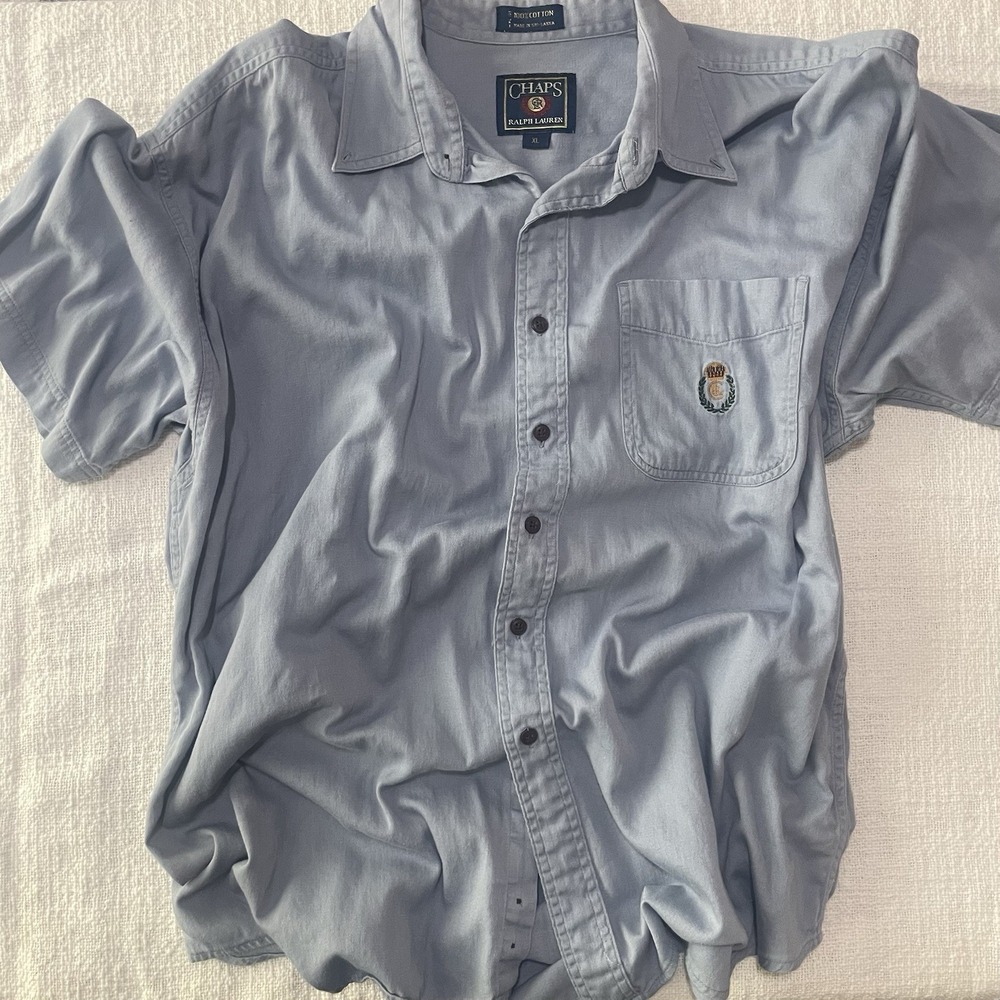 Vintage Chaps Ralph Lauren Polo Shirt XL Blue Chambray Denim Short Sleeve‎